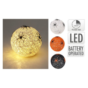 Svietiaca guľa LED 15 cm s pavúkmi na Halloween párty (biela, oranžová, čierna)