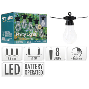 Párty osvetlenie - reťaz 8 LED žiaroviek, teplá biela, dĺžka 6,5 m