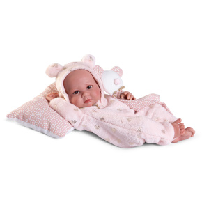 Bábika - novorodenec Erika v ružovom overale so šálom, 42 cm Bábika - novorodenec Erika v ružovom overale so šálom, 42 cm