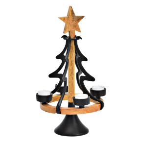 Adventný svietnik kov a mangové drevo 38 cm - vianočný stromček s hviezdou Adventný svietnik kov a mangové drevo 38 cm - vianočný stromček s hviezdou