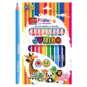 Pastelky JUNIOR Zoo JUMBO trojhranné - sada 12 ks + strúhadlo