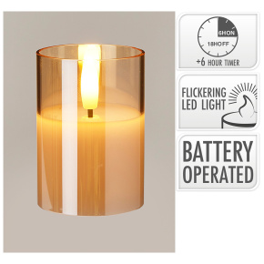 Sviečka sklenená LED s časovačom 7 cm, vosk vo vnútri, realistický plameň, jantárová farba Sviečka sklenená LED s časovačom 7 cm, vosk vo vnútri, realistický plameň, jantárová farba