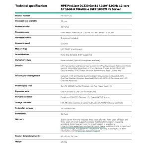 HPE PL DL320g11 4410Y (2.0/12C) 16G (p43322) MR408i-o 8SFF BC U3 1000Wti 2x1Gb 1U EIR