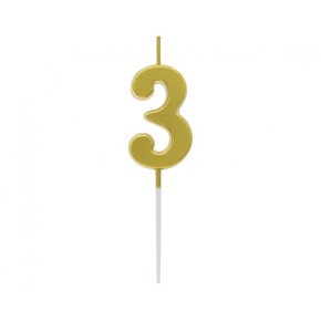 Sviečka tortová B&C - číslica "3" metalická zlatá 9,5 cm