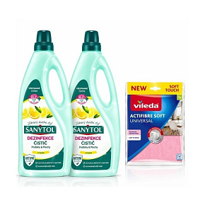 SANYTOL Floor DUO pack - univerzálny čistič 1L Lemon + Vileda univerzálna handrička 1ks