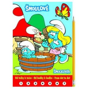 Omaľovanka A5 Akim - Od bodky k bodke + ceruzka s gumou - Šmolkovia Omaľovanka A5 Akim - Od bodky k bodke + ceruzka s gumou - Šmolkovia
