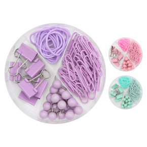 Kancelárska sada 4v1 pripináčiky/binder clip/spony/gumičky (mix pastel. farieb) Kancelárska sada 4v1 pripináčiky/binder clip/spony/gumičky (mix pastel. farieb)