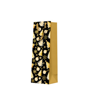 Darčeková taška na fľašu - Golden christmas trees black 12x10x37 cm