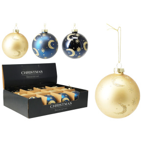 Vianočná guľa 80 mm dekor mesiac a hviezdy (mix 3 dizajnov, cena /1 ks) Vianočná guľa 80 mm dekor mesiac a hviezdy (mix 3 dizajnov, cena /1 ks)