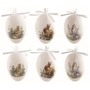 Veľkonočné vajcia plastové so zajačikmi 6 cm na zavesenie, 6 ks v sáčku
